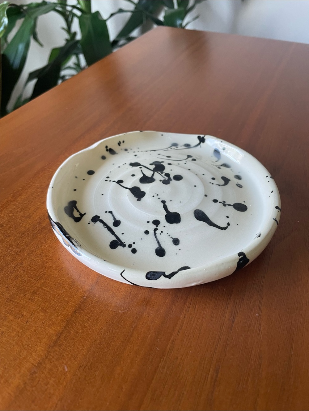 White Ceramic Spoon Rest with Black Splash Accent - Multipurpose Trinket Plate